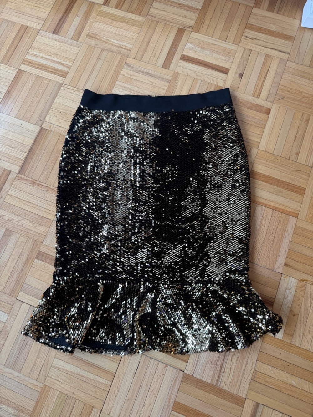 Thalia Black and Gold Sequin Flounce Pencil Skirt